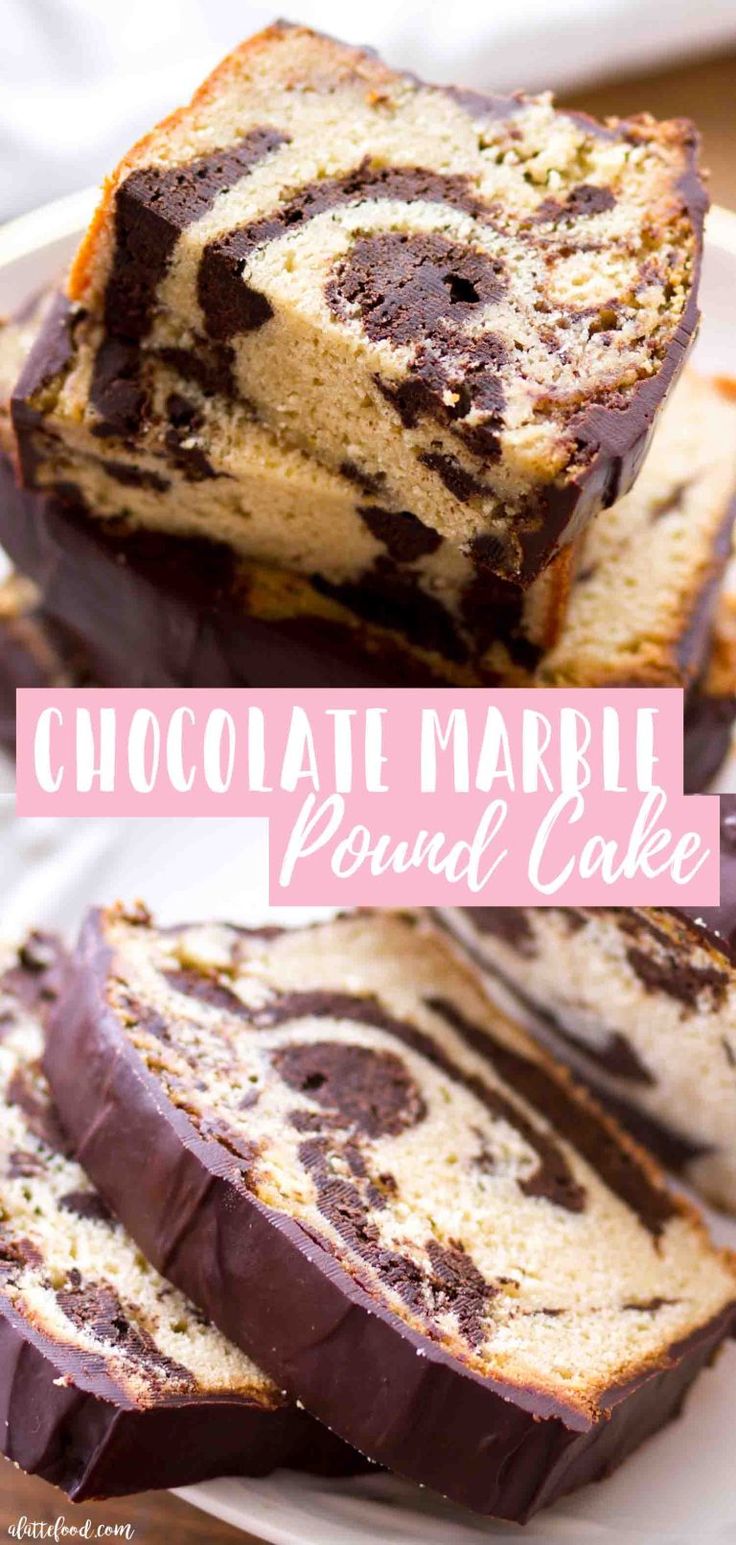 chocolate marble pound cake on a white plate