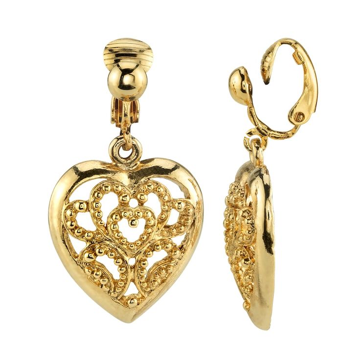 Show your sentimental side with these filigree heart clip-on drop earrings from 1928.EARRING DETAILS Dimensions: 1.5 in. L x 0.75 in. W Backings: clip-on Metal: alloy Plating: silver tone, gold tone Finish: polished Not appropriate for children 14 years old and younger. Size: One Size. Color: Yellow. Gender: female. Age Group: adult. Geode Jewelry, Heart Clip, Filigree Heart, 1928 Jewelry, Hammered Hoop Earrings, Vintage Inspired Jewelry, Bar Stud Earrings, Heart Drop Earrings, Silver Drop Earrings