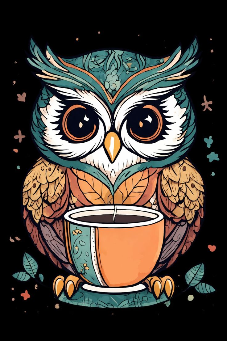 Owl With Coffee T-Shirt Cross Stitch Games, Owls Wallpaper, Coffee Sayings, Looney Tunes Wallpaper, Owl Cards, Game Pics, Owl Coffee, Funny Owls, Owl Wallpaper