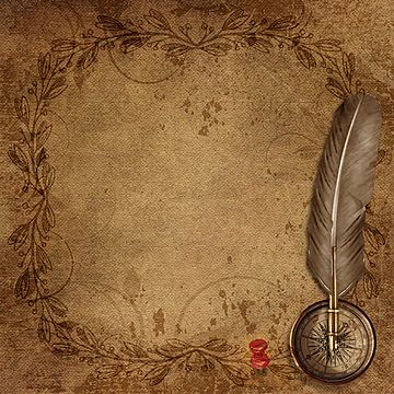 an old paper with a feather and a compass on it