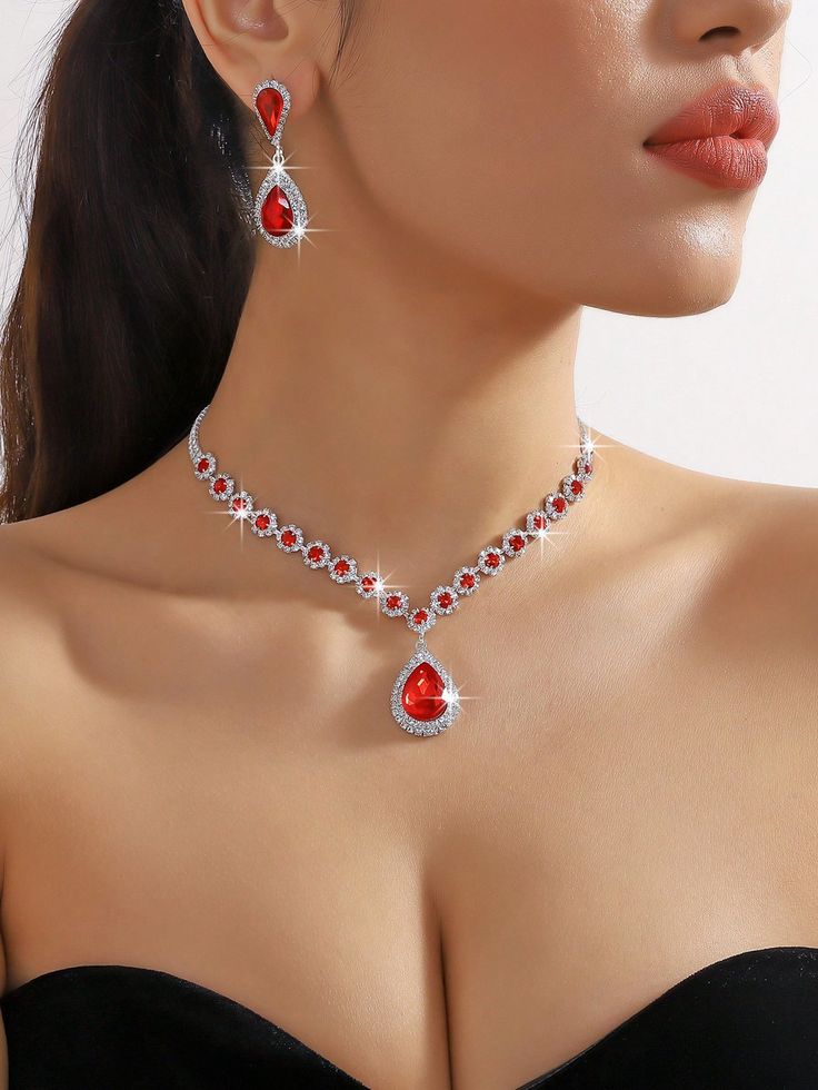 1pc Red Crystal Necklace And 1pair Red Crystal Stud Earrings Red    Artificial Crystal     Women Fashion Jewelry, size features are:Bust: ,Length: ,Sleeve Length: Red Diamond Jewelry Set, Dark Red Jewelry, Red Diamond Necklace, Garnet Jewelry Necklace, Ruby Choker Necklace, Red Prom Dress Sparkly, Ruby Red Necklace, Red Choker Necklace, Red Jewelry Set