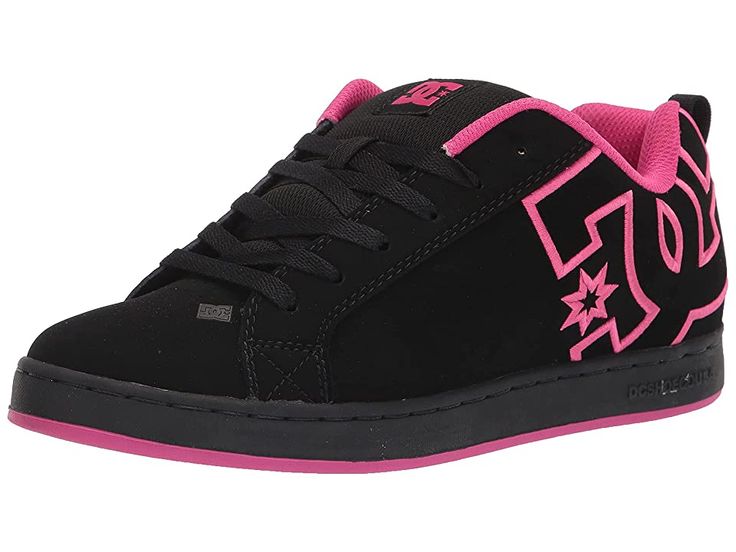 DC Court Graffik W - Women's Skate Shoes : Black/Black/Pink : A modern classic, the DC Court Graffik W casual shoes deliver with a clean silhouette and bold logo detail. Casual sneakers with heavy-duty suede, sturdy action nubuck, or soft and resilient action leather upper for abrasion-resistance and durability. Foam-padded tongue and collar for added comfort and support. Textile lining offers breathability. Internal elastic tongue holders for added foot stability. Rubber cupsole with iconic pil Dc Shoes Aesthetic, Pink Dc Shoes, Tenis Dc, Dc Shoes Women, Dc Court Graffik, Dc Sneakers, Women Skates, Funky Shoes, Baggy Clothes