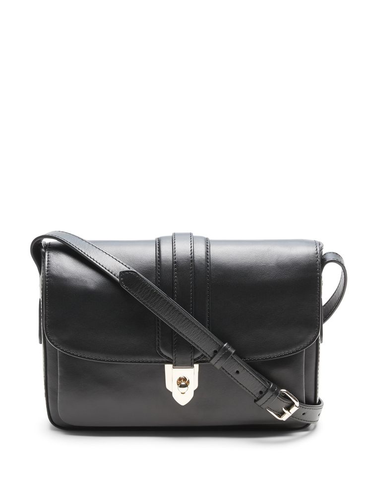 Sleek and structured, this leather east-west style shoulder bag has distinctive hardware inspired by a piece from the Banana Republic archives.  Adjustable shoulder strap.  Sliding clasp closure at front.  Internal card slot.  Fully lined.  Height: 10" (25. 5cm) Width: 7. 3" (18. 5cm) Depth: 1. 6" (4cm) Sleek Rectangular Shoulder Bag With Adjustable Strap, Classic Flap Bags With Hasp Closure, Classic Satchel With Hasp Closure, Rectangular Satchel With Hasp Closure For Work, Classic Business Satchel With Hasp Closure, Timeless Flap Bag With Adjustable Strap For Business, Versatile Satchel Saddle Bag For Formal Use, Versatile Satchel Saddle Bag For Formal Occasions, Office Flap Shoulder Bag With Hasp Closure