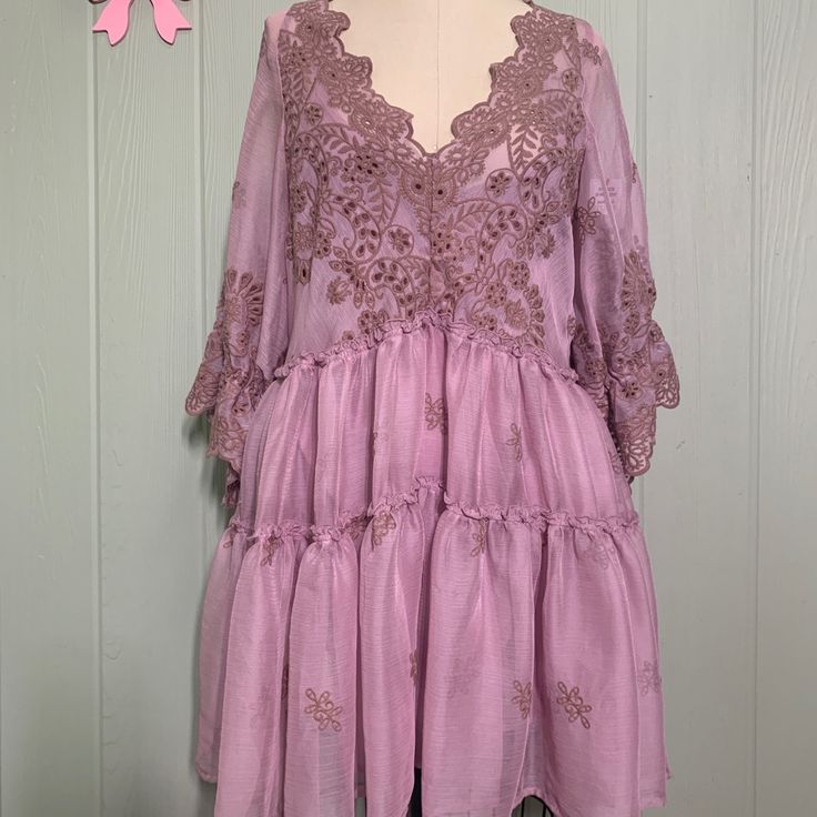 Please Note: This Dress Is A New Sample From The Free People Sample Sale. No Care Label Or Size Label Is Attached. It Is Not Yet Available In Store. Name Of Dress Is Chrysanthemums Mini. Size Listed As Xs But Could Fit A Small. Please See Measurements Below. Content: 100% Polyester Color: Lilac Rose Cream Comes With Slip Dress Tie Sleeve Babydoll Style Embroidered V Neck Tiered Ruffles Cinched Bell Embroidered Sleeve Measurements: Bust: 34” Length:32” Purple Lace Dress With Ruffles, Purple Lace Dresses With Ruffles, Embroidered Lace Flowy Dress, Summer Lavender Dress With Lace Trim, Summer Lavender Dresses With Lace Trim, Summer Lavender Lace Dress, Purple Flowy Mini Dress, Spring Purple Lace Dress, Lavender Lace Dress For Summer