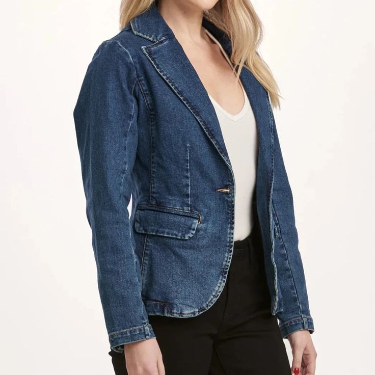 Denim blazer jacket, long sleeve with button closures, seams & center back vent, flap pockets & darts for shape support. Dark wash denim on standard fit. Body length from HPS: 26", Sleeve length: 24", Bust: 36" (Size Small) 99% COTTON 1% SPANDEX Machine wash cold, Tumble dry low. Notch Lapel Denim Jacket For Workwear, Classic Denim Button-up Blazer, Tailored Denim Blazer With Button Closure, Fitted Denim Blazer With Lapel Collar, Classic Single Breasted Denim Blazer, Fitted Denim Blue Outerwear With Notch Lapel, Tailored Denim Outerwear With Notch Lapel, Tailored Denim Notch Lapel Outerwear, Classic Single-breasted Denim Jacket With Notch Lapel