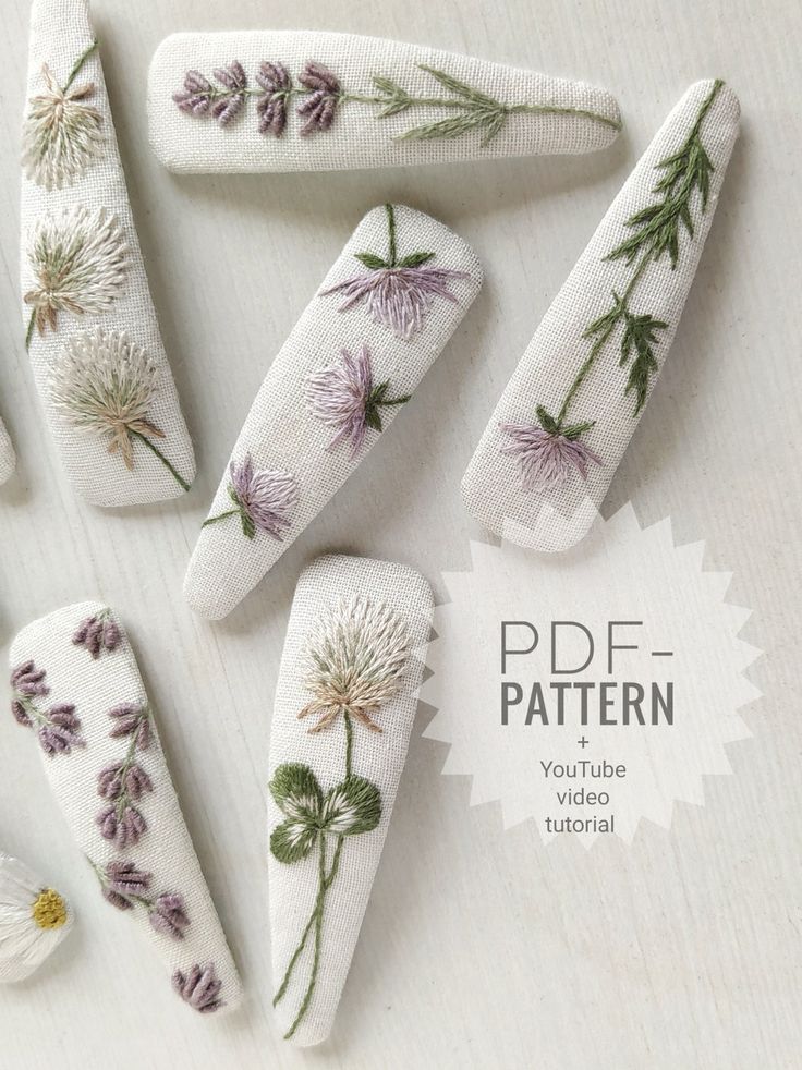 some white and purple flowers are next to each other on a table with the words pdde - pattern