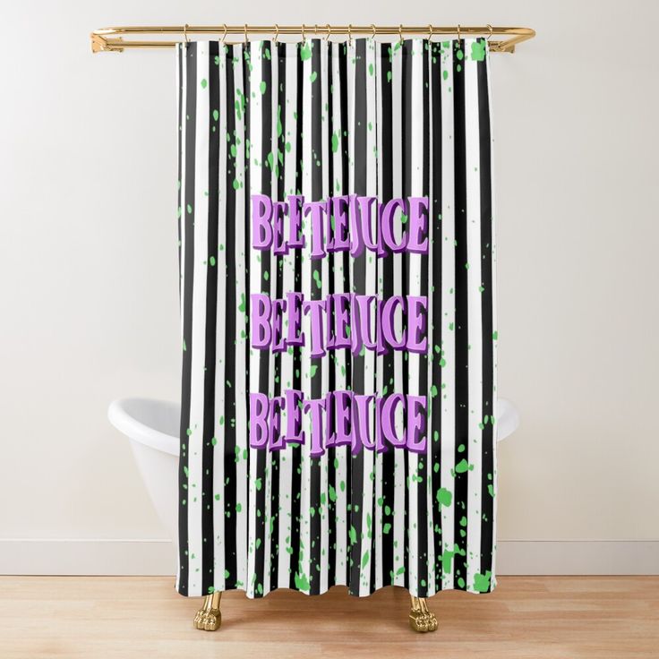 a shower curtain with the words bettiece, beetlege and stripes on it