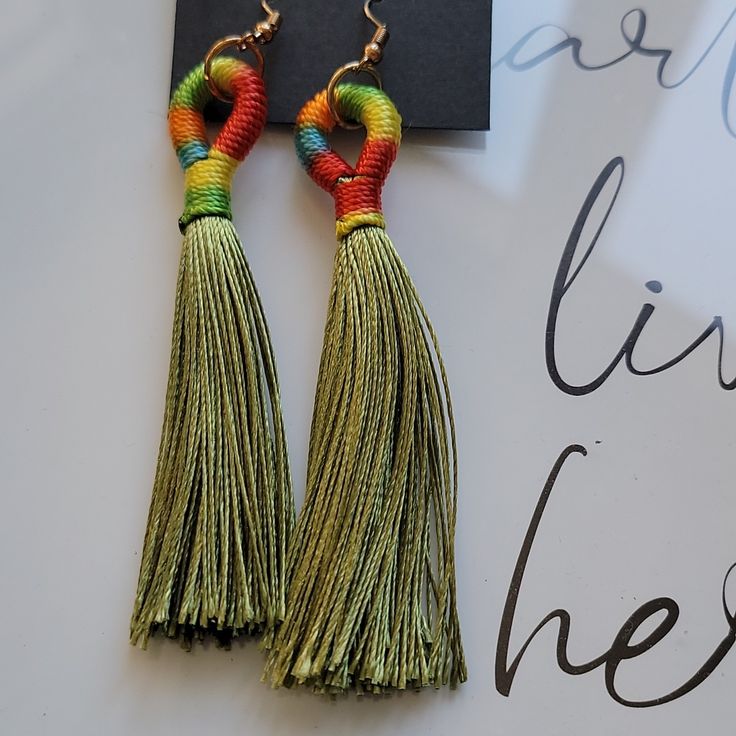 Tassel Earrings. Made Of Cotton And High Quality Alloy. - Beautiful Color For Summer. - Green Long Fringe Maintenance: If Fringe Is Unruly, Wet Tassel Only, Comb Gently, And Hang Earrings To Dry. Do Not Shower, Swim, Or Do Any Water Type Activity In These Earrings. Adjustable Green Tassel Earrings For Summer, Adjustable Green Tassel Earrings, Green Tassel Earrings As Gift, Green Tassel Jewelry For Summer, Summer Green Tassel Jewelry, Elegant Green Tassel Earrings For Summer, Green Tassel Earrings For Gift, Adjustable Green Jewelry With Tassels, Green Tassel Earrings With Latkans For Gifts