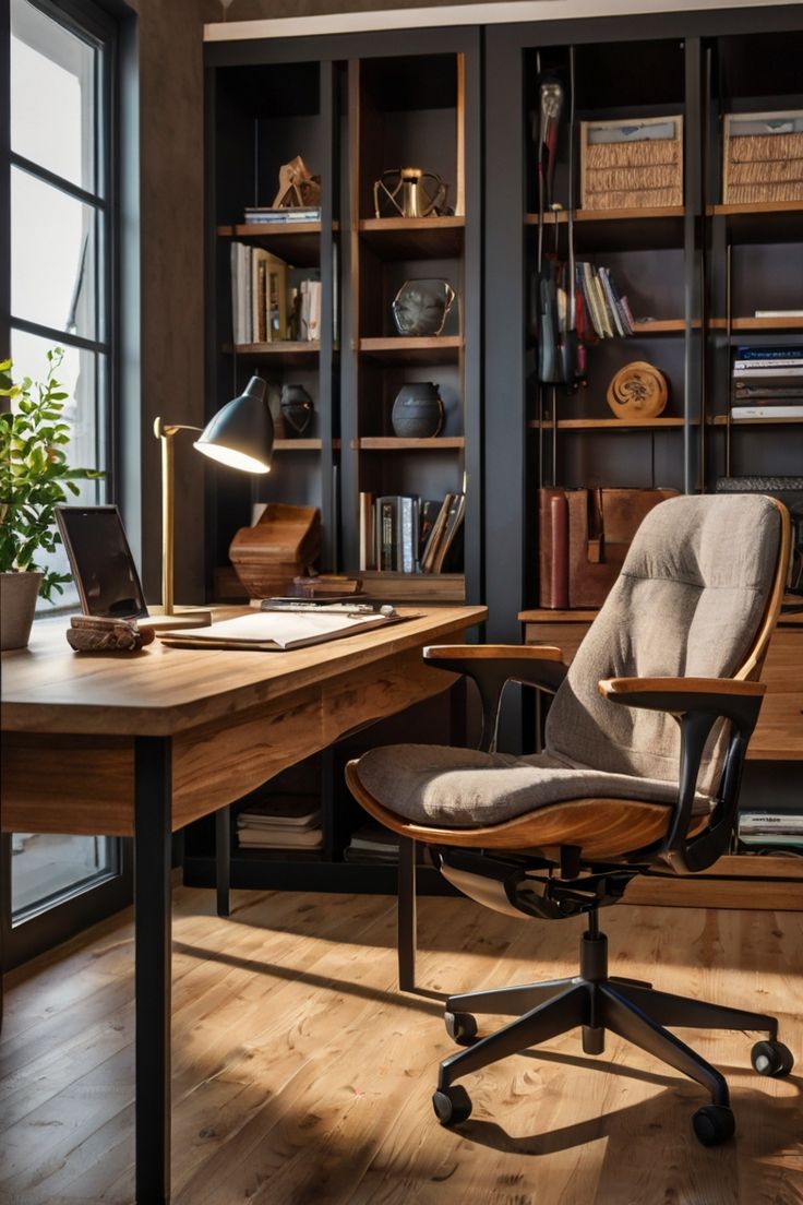 an office with a desk, bookshelf and chair in the middle of it