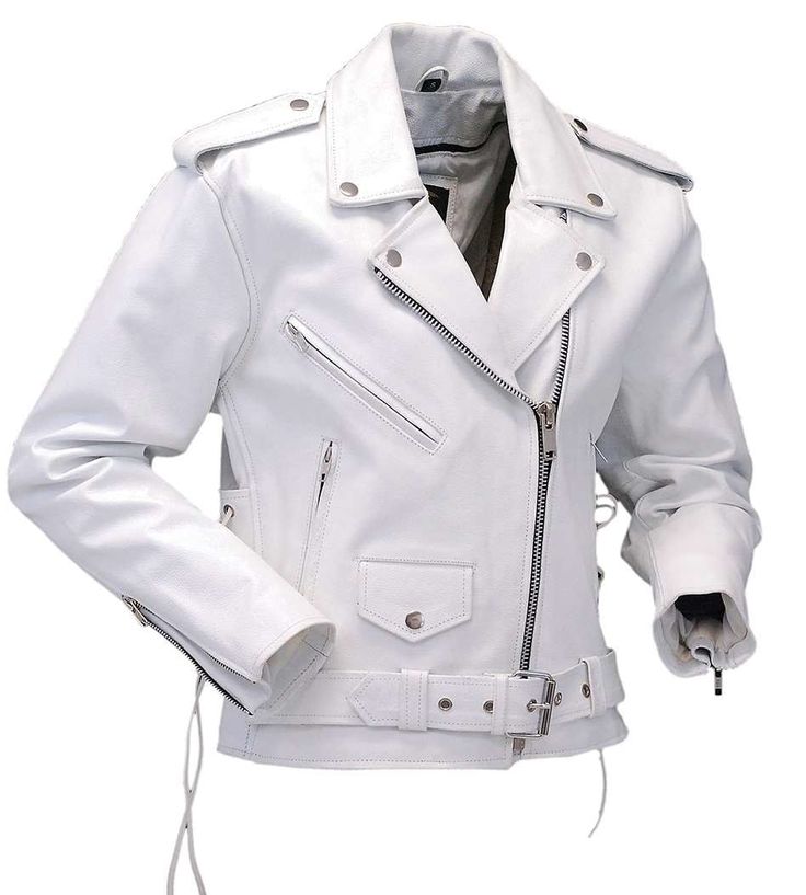 Classic style white leather jacket with side lacing and zip out lining. This women's leather motorcycle jacket is an exclusive Jamin Leather® item. A ladies biker jacket with adjustable side lacing, zip out quilted lining for cool weather riding, snap down collar, zip front pockets to keep the stuff in, zip cuffs to keep the wind out, small flap lighter pocket, and best of all, it's made from durable yet soft white cowhide leather. If you have a white bike, like to be cool in the summer, or having a biker wedding, this is the item for you. Sizes: XS, S, M, L, XL, 2X, 3X, 4X, 5X, 6X. +$10 for 2X-3X. +$20 for 4X-5X. +$30 for 6X [6#] adjustable side lacing snap down collar zip front pockets (3) zip cuffs zip out lining (as available) YKK quality zippers small flap lighter pocket inside chest White Winter Outerwear For Biker Events, White Leather Jacket With Zipper For Streetwear, White Leather Jacket For Streetwear, White Biker Outerwear For Biker Events, White Biker Jacket For Winter Events, White Biker Style Outerwear For Biker Events, Fall Motorcycling White Outerwear, White Moto Biker Jacket For Spring, White Biker Leather Jacket For Spring