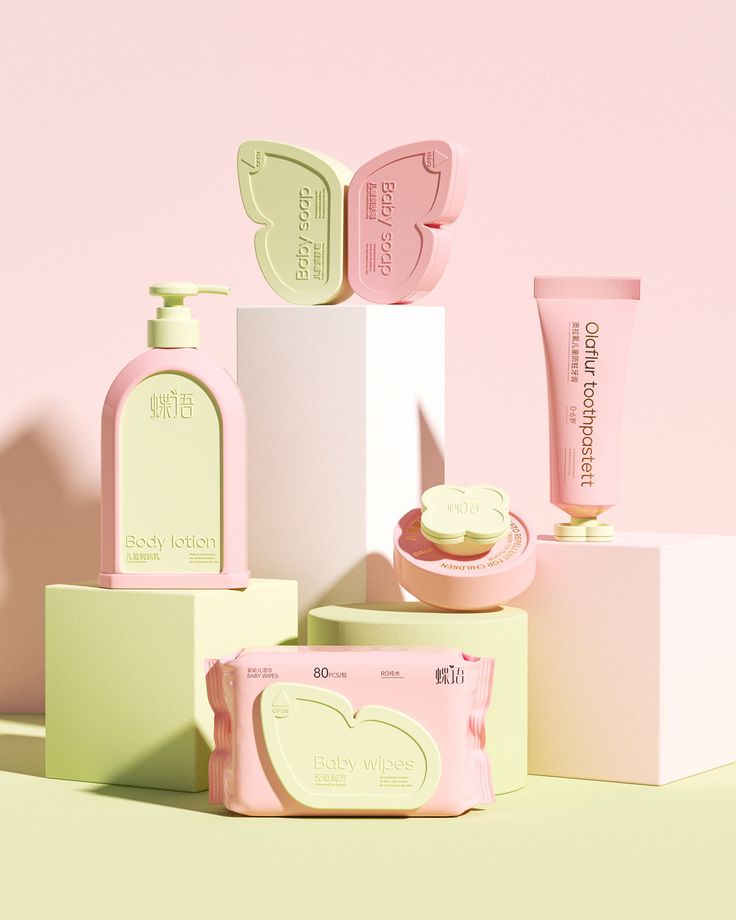 the pink and green products are on display