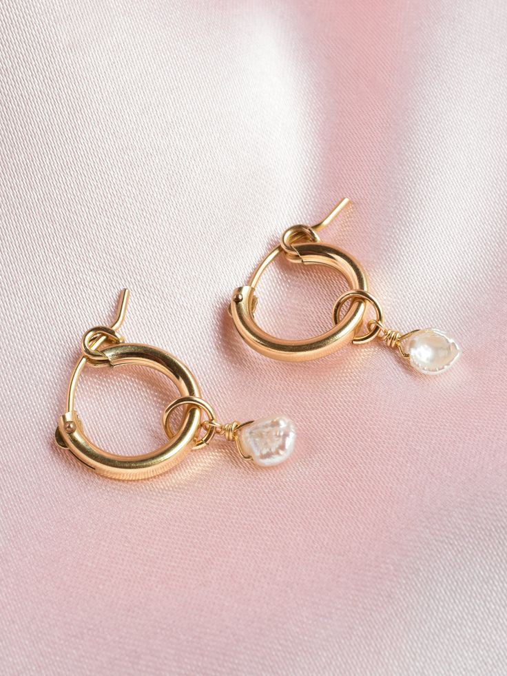 Corie Earrings Minimalist Hoop Pearl Charm Jewelry, Minimalist Hoop Jewelry With Pearl Charm, 14k Gold Filled Hoop Earrings With Pearl Charm, Teardrop Pearl Charm Earrings In 14k Gold, Everyday Pearl Charm Huggie Earrings, Delicate Hoop Earrings With Pearl Charm For Everyday, Delicate Everyday Hoop Earrings With Pearl Charm, Everyday Huggie Earrings With Pearl Charm, Everyday Rose Gold Jewelry With Pearl Charm