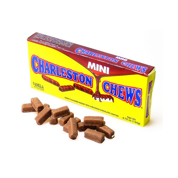 a box of mini charleston chews next to it's contents