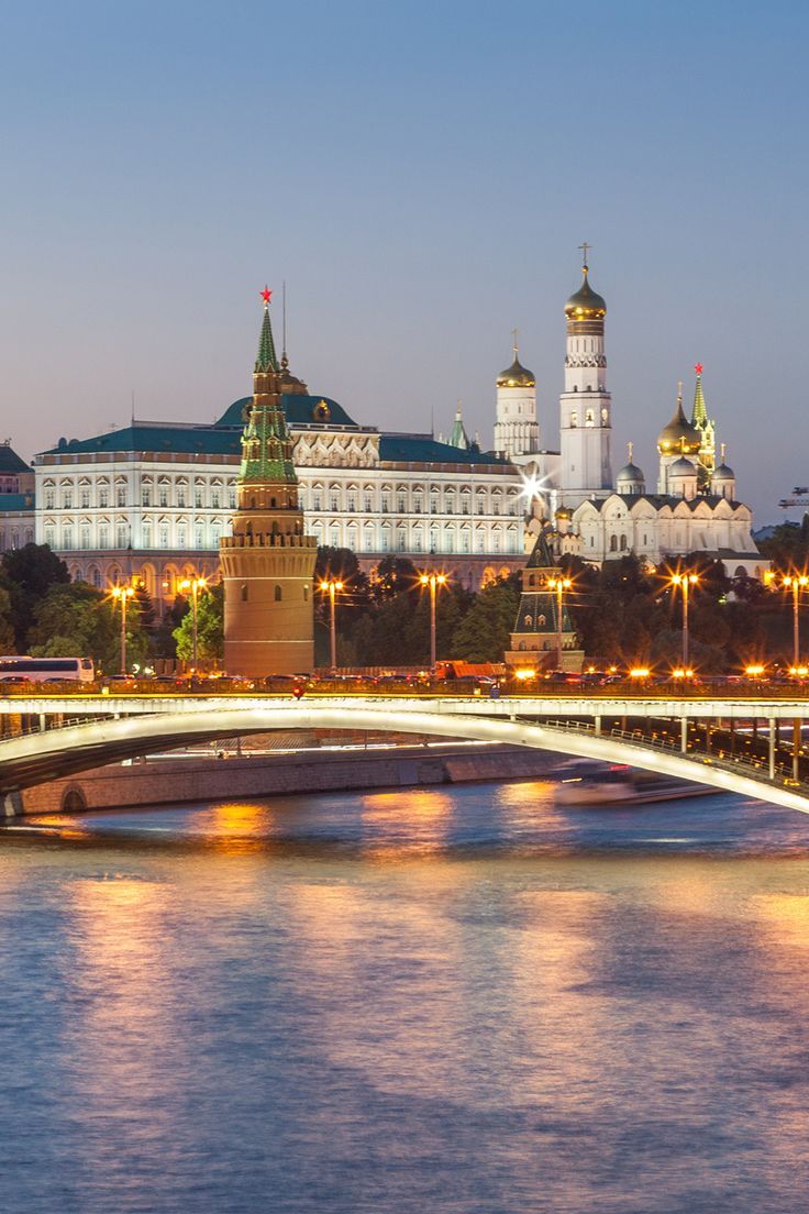 a bridge that is over some water with buildings in the back ground and lights on