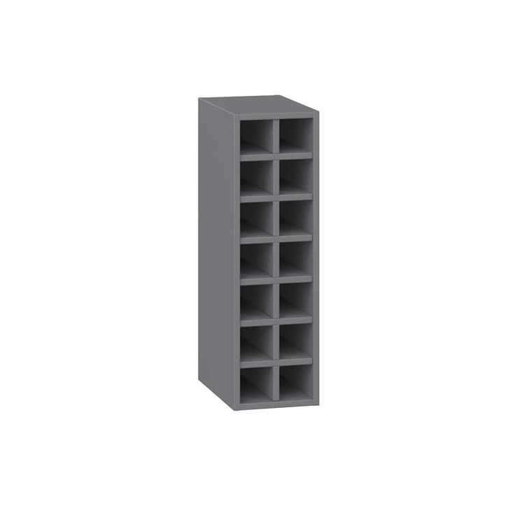 a gray book shelf with several shelves on each side