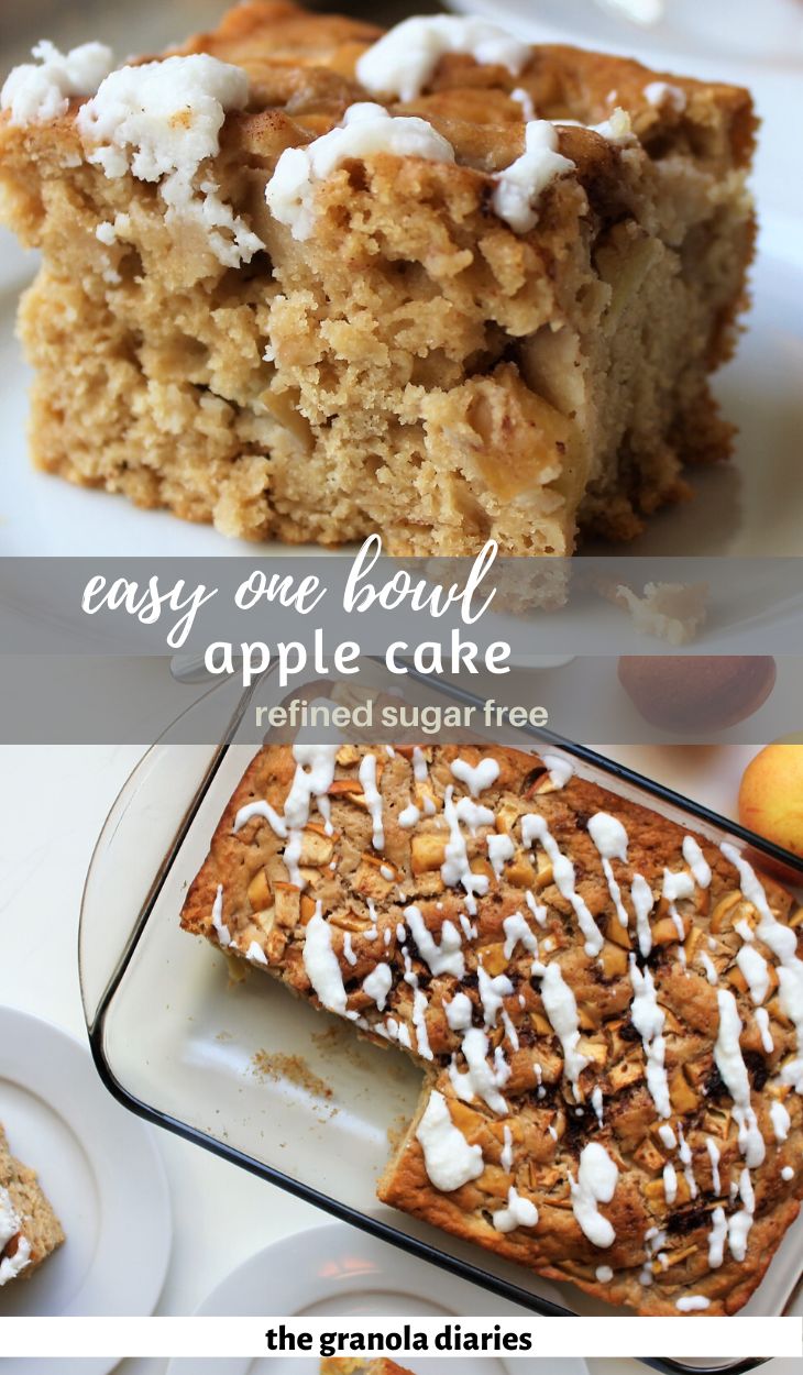 an image of apple cake with white frosting on top and the words, easy one bowl apple cake behind it