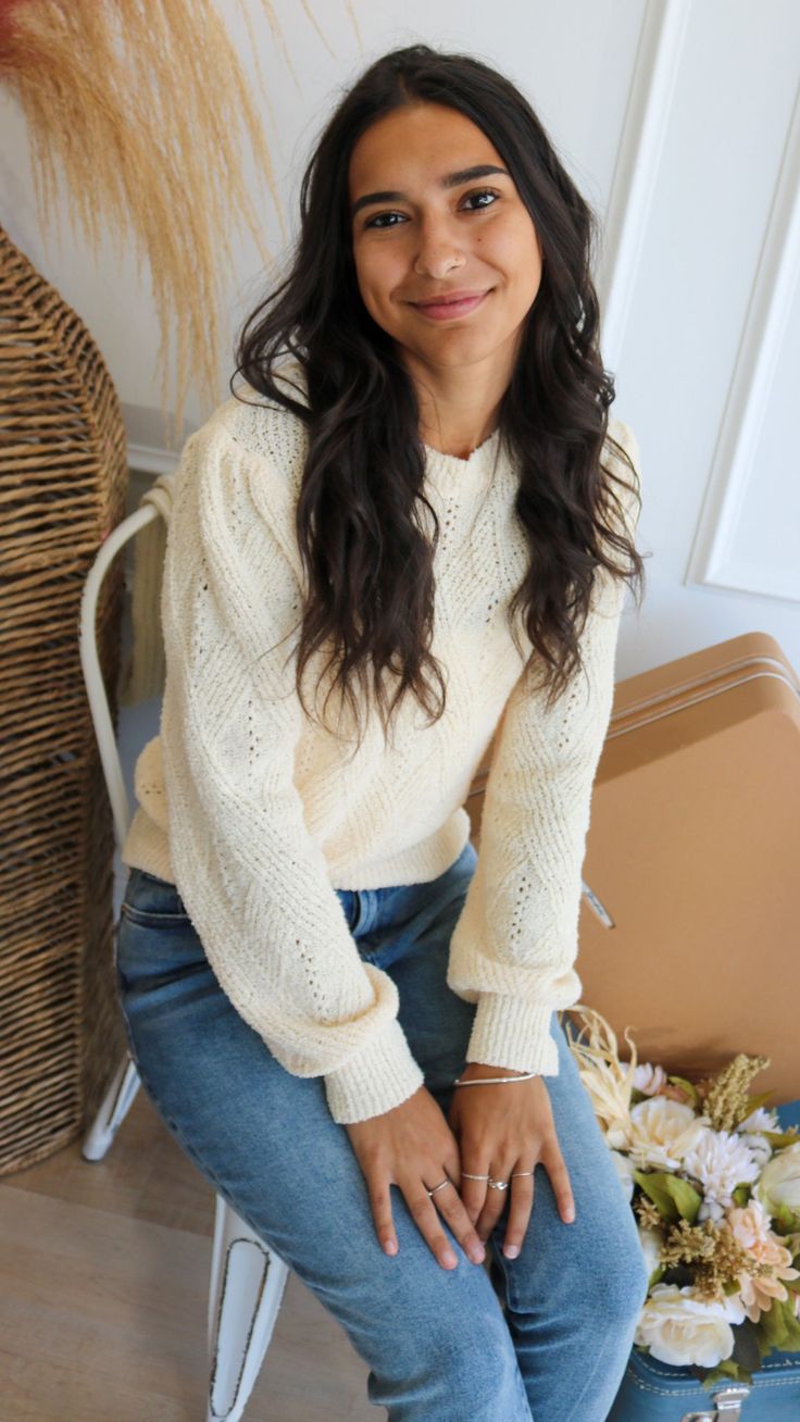 An ivory knit sweater with a cable detail on the front. Fit: true to size XS: 0-2 Small: 4-6 Medium: 8-10 Large: 12-14 Model: small Laundry: wash on cold, hang to dry Pearl Accessories, Small Laundry, Skirt Jumpsuit, Kids Outerwear, Knit Sweatshirt, Sweatshirt Dress, Personal Shopping, Outerwear Women, Jumpsuits For Women