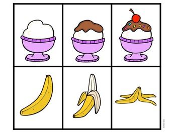 an image of ice cream sundaes and bananas in the same square with four different pictures