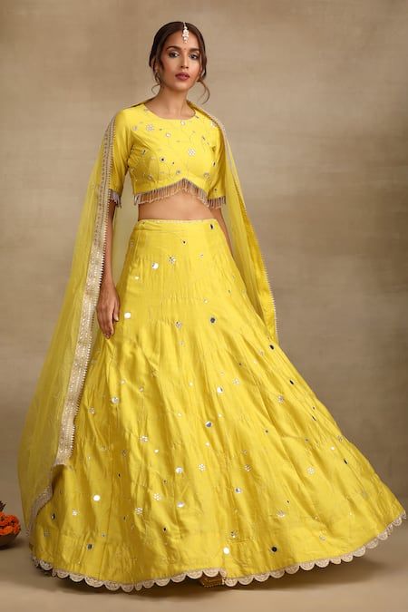 Buy Yellow Silk Chanderi Embroidery Zari Round Neck Mirror Bud Bloom Lehenga Set For Women by Trendy tokari Online at Aza Fashions. Chanderi Lehenga, Cutwork Lace, Yellow Outfits, Lehenga Pattern, Haldi Outfits, Embroidered Lehenga, Yellow Silk, Yellow Outfit, Indian Designer Outfits