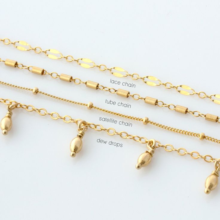 "Beautiful dainty chain anklets in 14K gold or sterling silver. Our delicate anklets are offered in four unique styles: dew drop, tube chain, lace chain or satellite chain. Pick one or more for a custom layering look just for you! *listing is for ONE delicate anklet in chain of your choice D E T A I L S * choice of chain: dew drops, tube chain, lace chain or satellite chain * 100% 14K gold fill or sterling silver chain and findings * spring clasp closure * Made in USAhandmade with love in San Di Gold Delicate Anklet For Gift, Delicate Gold Anklets As Gift, Delicate Gold Anklet For Gift, Gold Chain Anklets As Gift, Gold Chain Anklet Gift, Gold Anklets With Delicate Chain For Gift, Gold Anklets With Delicate Chain As Gift, Yellow Gold Adjustable Chain Anklets As Gift, Delicate Gold Chain Anklets As Gift