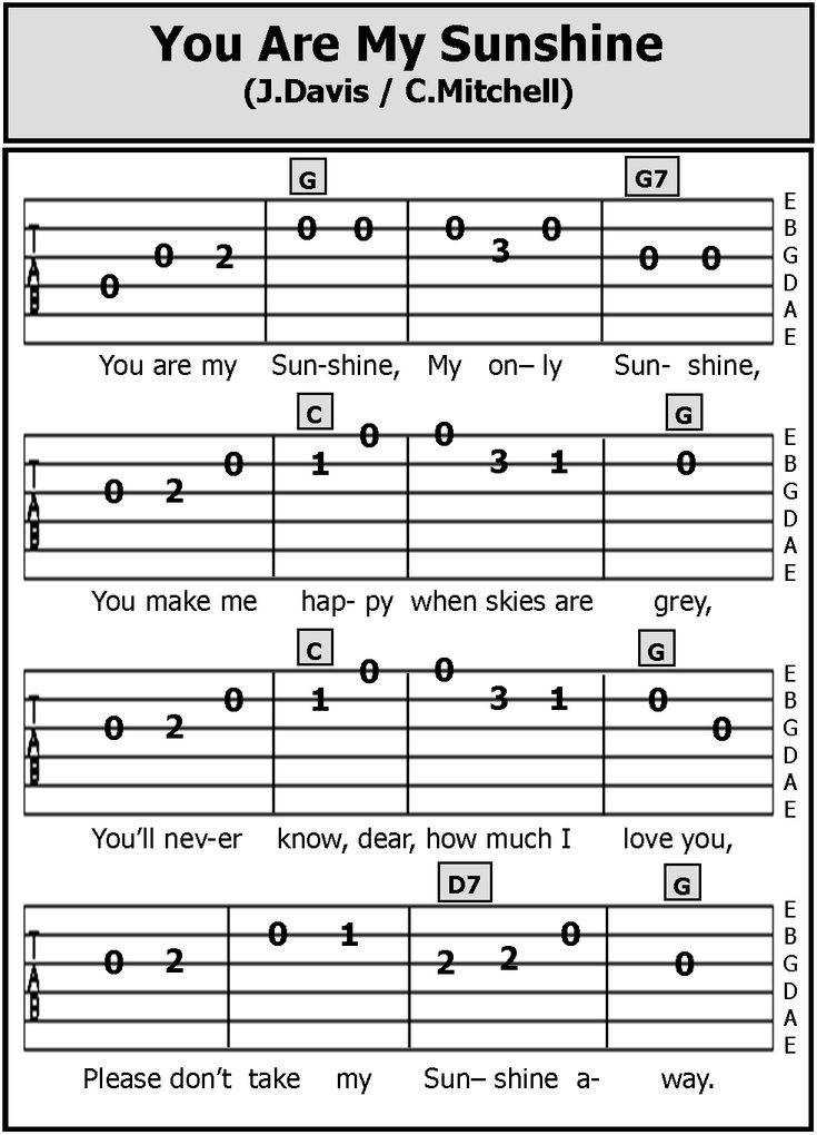 you are my sunshine sheet music notes for guitar and bass players, with the words you are