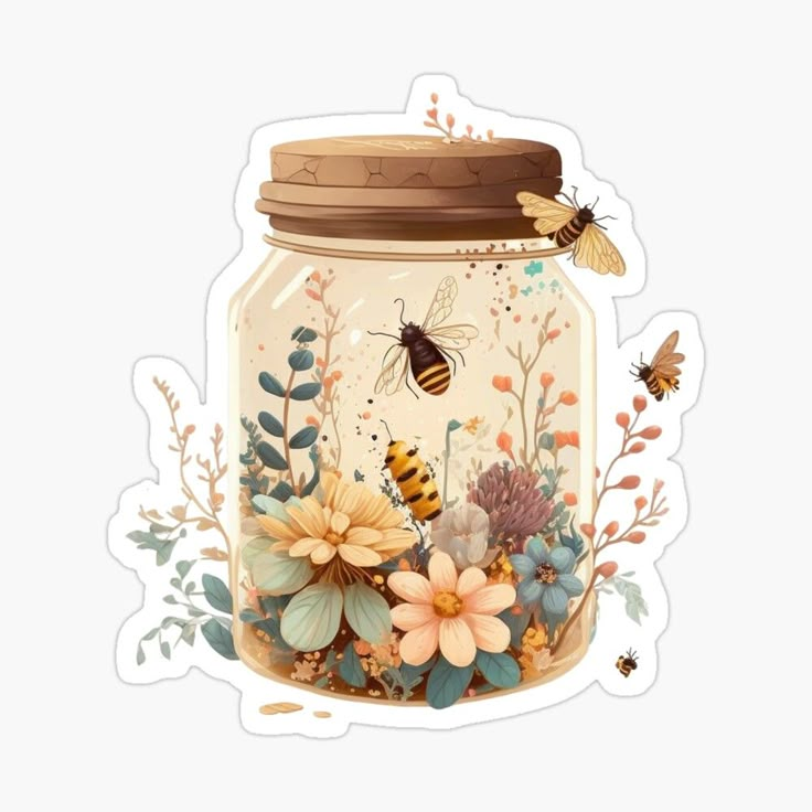 a jar filled with lots of flowers and bees