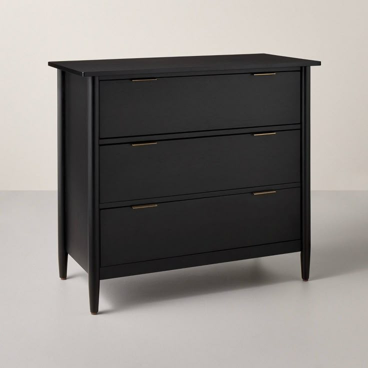 3 Drawer Modern Wood Dresser - Black - Hearth & Hand™ with Magnolia Ikea Black Dresser, Magnolia Furniture, Modern Organic Bedroom, Vertical Dresser, Sleeping Nook, Three Drawer Dresser, Drawer Wood, Black Nightstand, Oak Nightstand