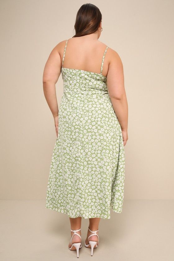 For the ultimate chic choice, choose the Lulus X LUSH Timeless Touch Green Floral Print A-Line Midi Dress! Light and breezy, green and white ditsy floral print woven fabric adds retro appeal to this classic sundress with adjustable skinny straps, a ruffle-trimmed neckline, and a button-front bodice with a ruched, set-in waist. A-line midi skirt finishes off this closet essential. Hidden back zipper/clasp. Fit: This garment fits true to size. Length: Mid-calf length. Size medium measures 42.5" fr Green Printed Midi Dress For Garden Party, Garden Party Green Printed Midi Dress, Spring Green Printed Midi Dress, Green Floral Print Midi Dress, Green Floral Midi Sundress, Green Floral Sundress For Brunch, Green Floral Knee-length Dress For Day Out, Green Knee-length Floral Dress For Day Out, Green Maxi Dress With Ditsy Floral Print For Spring