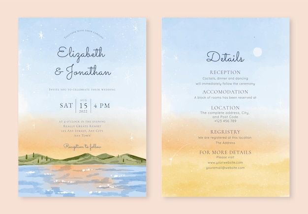 two wedding cards with watercolor painting on them