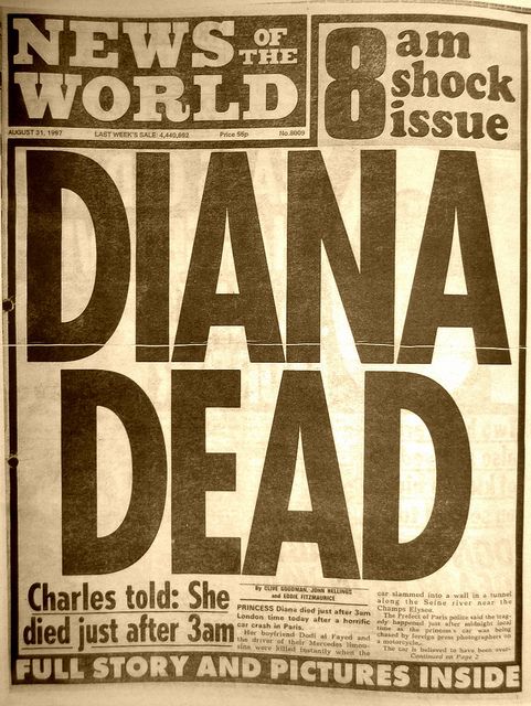 an old news paper with the word diana dead on it's front page