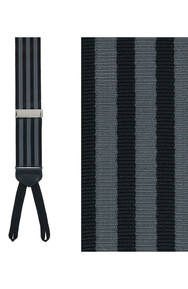 Fine silk and smooth leather elevate handsome suspenders patterned in smart vertical stripes. 1 1/2" width; 33"–54" adjustable length 100% silk with leather trim Dry clean Made in the USA of imported materials Elegant Formal Belts And Suspenders With Adjustable Straps, Elegant Black Belts And Suspenders With Adjustable Straps, Elegant Belts And Suspenders With Adjustable Straps For Business, Elegant Adjustable Straps Belts And Suspenders For Business, Formal Black Belts With Adjustable Strap, Elegant Business Belts And Suspenders With Adjustable Strap, Classic Black Belts And Suspenders For Black Tie, Stripe Silk, Vertical Stripes