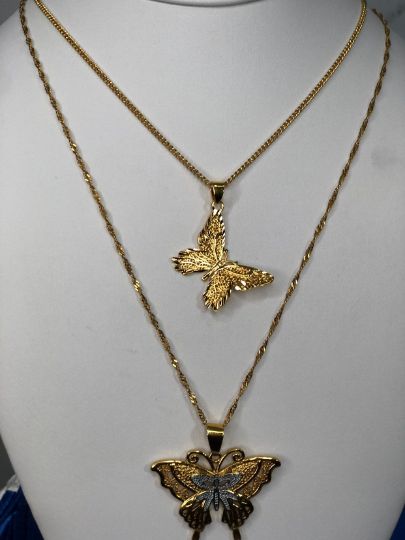 Comes with 18inch chain 🦋 (you can request 24inch chain )Second chain is 24inch inch .you can request 18inch. Both necklaces are 24k gold plated 24k gold plated Butterfly set necklace , butterfly necklace,Comes with 2 necklace Gift Alloy Double Chain Necklace, Gold Alloy Long Necklace, Alloy Costume Jewelry Necklaces For Gifts, Gold Butterfly Chain Jewelry, Dainty Gold Alloy Charm Necklaces, Gold Alloy Necklaces As Gift, Dainty Gold Butterfly Jewelry, Dainty Gold Alloy Jewelry, Dainty Gold Plated Jewelry With Butterfly Charm