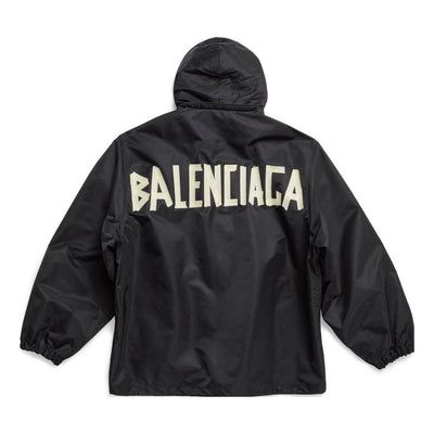 Balenciaga Tape Type Hooded Windbreaker Jacket 'Black' 738762TLO251000 Luxury Sport Coat, Classic Black Outerwear With Double-lined Hood, Luxury Outerwear With Drawstring Hood, Designer Hooded Outerwear For Streetwear, Luxury Outerwear With Drawstring Hood And Long Sleeves, Classic Black Winter Parka, Classic Black Long Sleeve Windbreaker, Classic Long-sleeved Black Windbreaker, Designer Long Sleeve Outerwear With Drawstring Hood