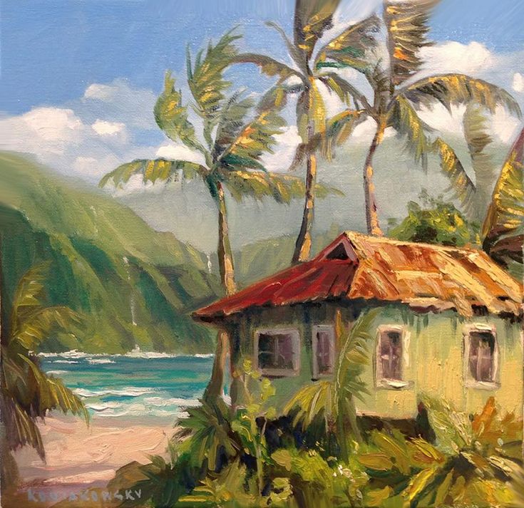 an oil painting of a house on the beach with palm trees and mountains in the background