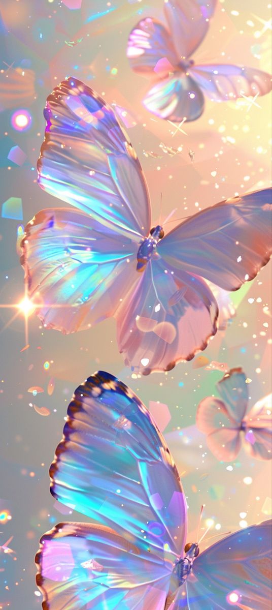 three blue butterflies flying in the sky with bubbles and sparkles on it's wings