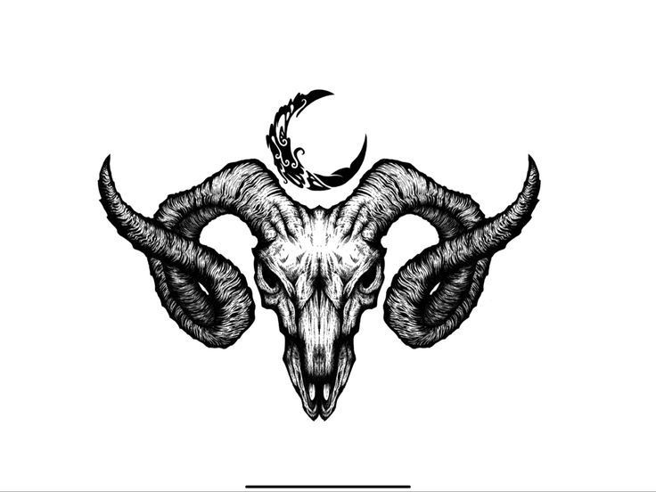 a goat skull with horns and crescents on it's head, drawn in black ink