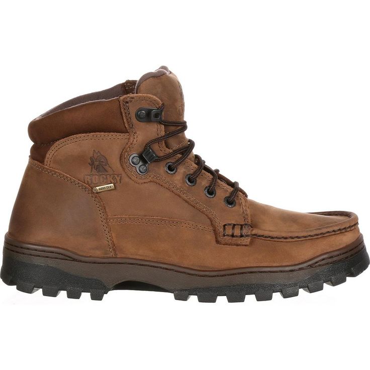 Whether you're going for a stroll in the park or headed for the hills, this rugged and good-looking Chukka boot with moc-toe styling with keep you dry and comfortable. The Rocky 5" Outback boot features a premium, full grain leather upper with genuine breathable GORE-TEX® waterproof construction to keep your feet dry and you comfortable while you spend time outdoors. For additional long-term comfort, this boot has a fully padded collar, and a (removable) extra thick PU Rocky Terra Suspension foo Gore Tex Hiking Boots, Rocky Boots, Hunting Boots, Closed Toe Shoes, Waterproof Hiking Boots, Shoe Carnival, Round Toe Heels, Gore Tex, Chukka Boots