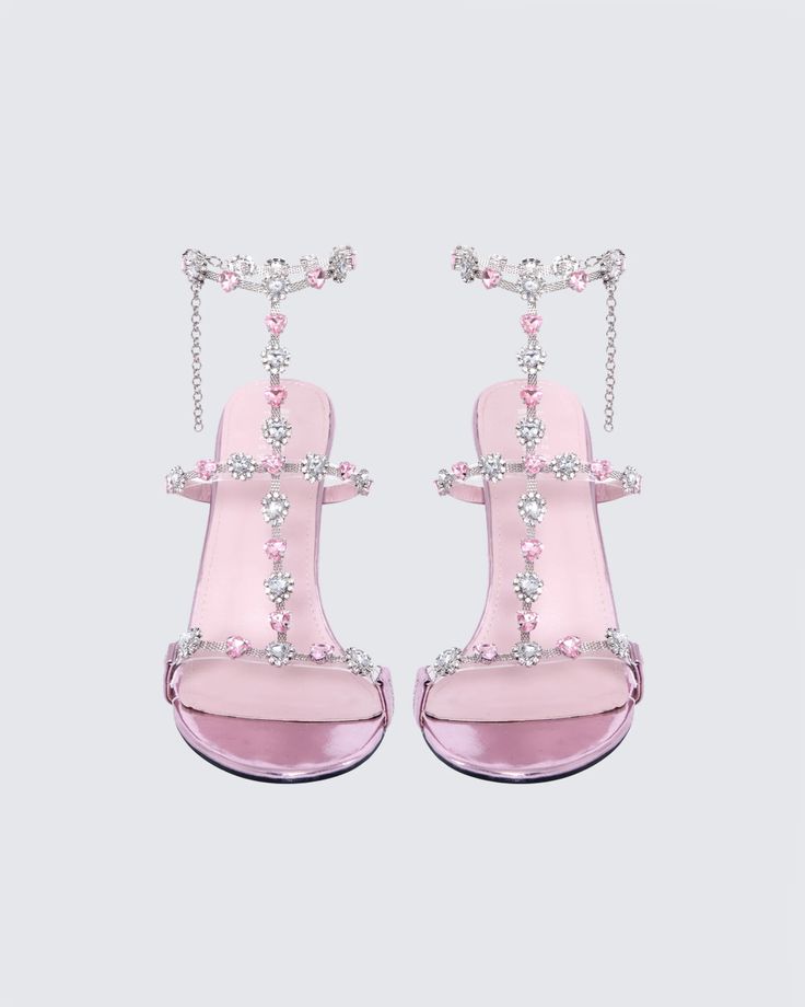 Keep your heels, head, and standards high 👑 With a classy, yet playful look - these pink jewel stilettos are the perfect statement piece to add to any fit that needs a little something extra 💖 Glamorous Pink Sandals With Round Toe, Pink Round Toe Sandals For Prom, Glamorous Pink Round Toe Sandals, Luxury Pink Sandals With Rhinestones, Glamorous Pink High Heel Sandals, Pink High Heel Heels For Prom, Pink High Heel Prom Heels, Pink Pointed Toe Sandals For Prom, Pink Pointed Toe Prom Sandals