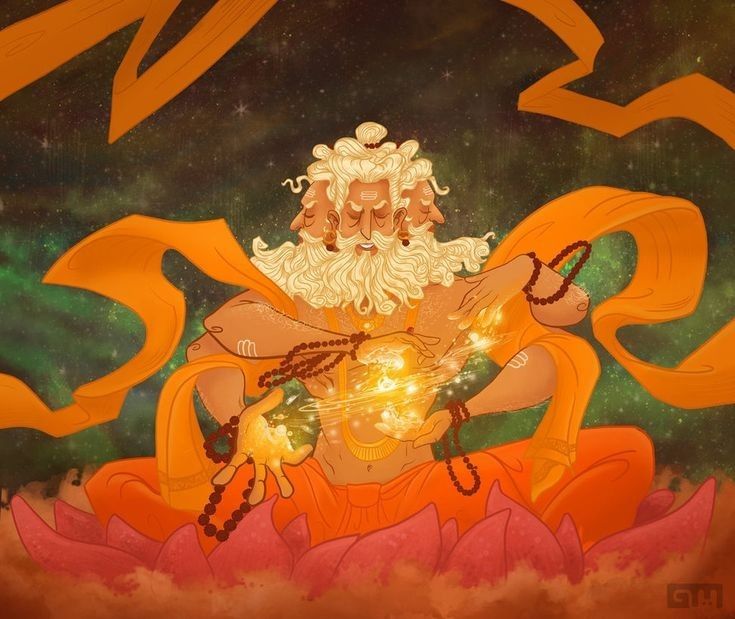 a painting of a man with long white hair and beard holding a glowing ball in his hands