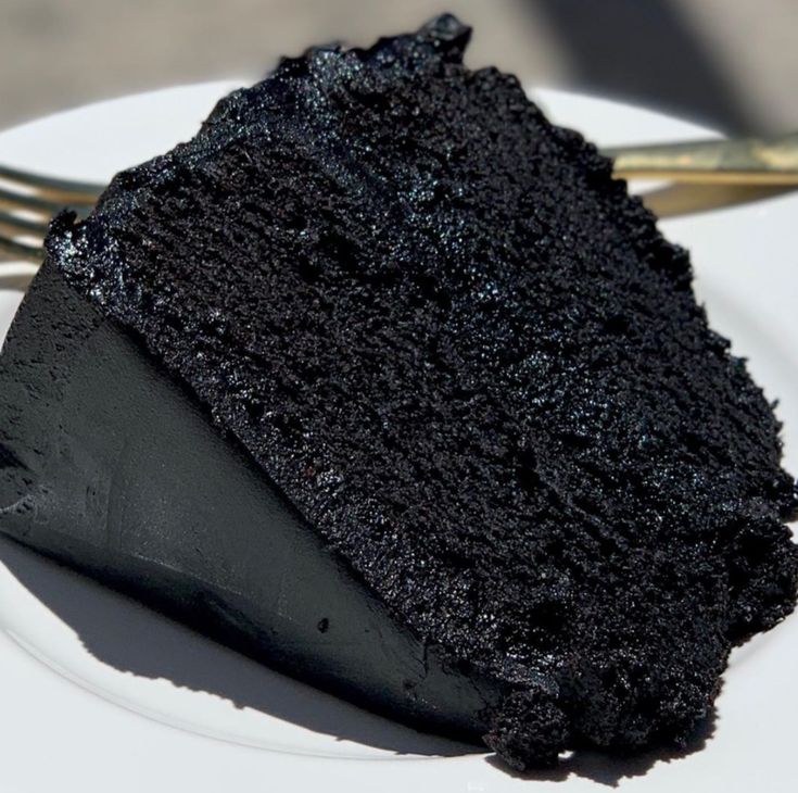 a piece of black cake sitting on top of a white plate next to a fork