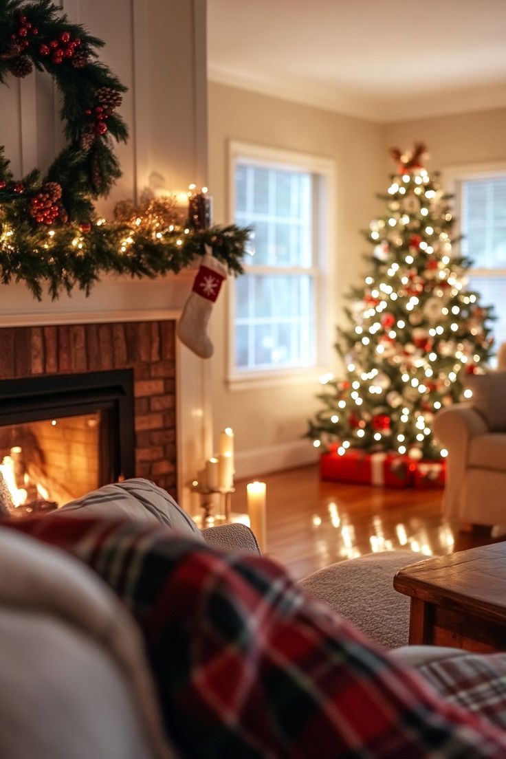 a living room filled with furniture and a fire place next to a christmas tree covered in lights