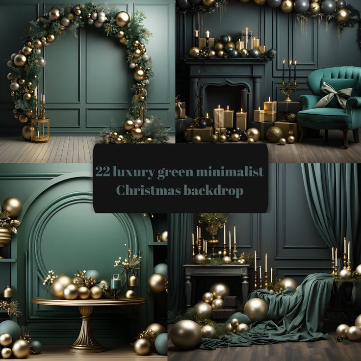 two luxury green minimalist christmas backdrops with gold and silver ornaments on the fireplace