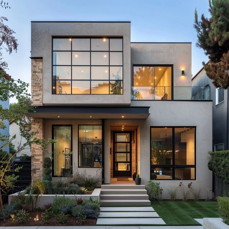 a modern house with stairs leading up to the front door and windows on each side