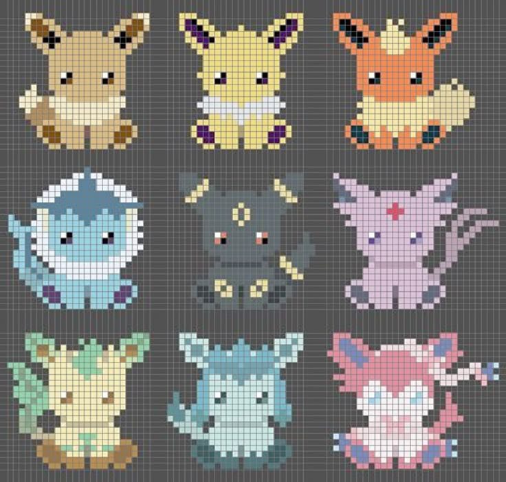 cross stitch pattern with nine different types of pokemons in each pixell style, including the