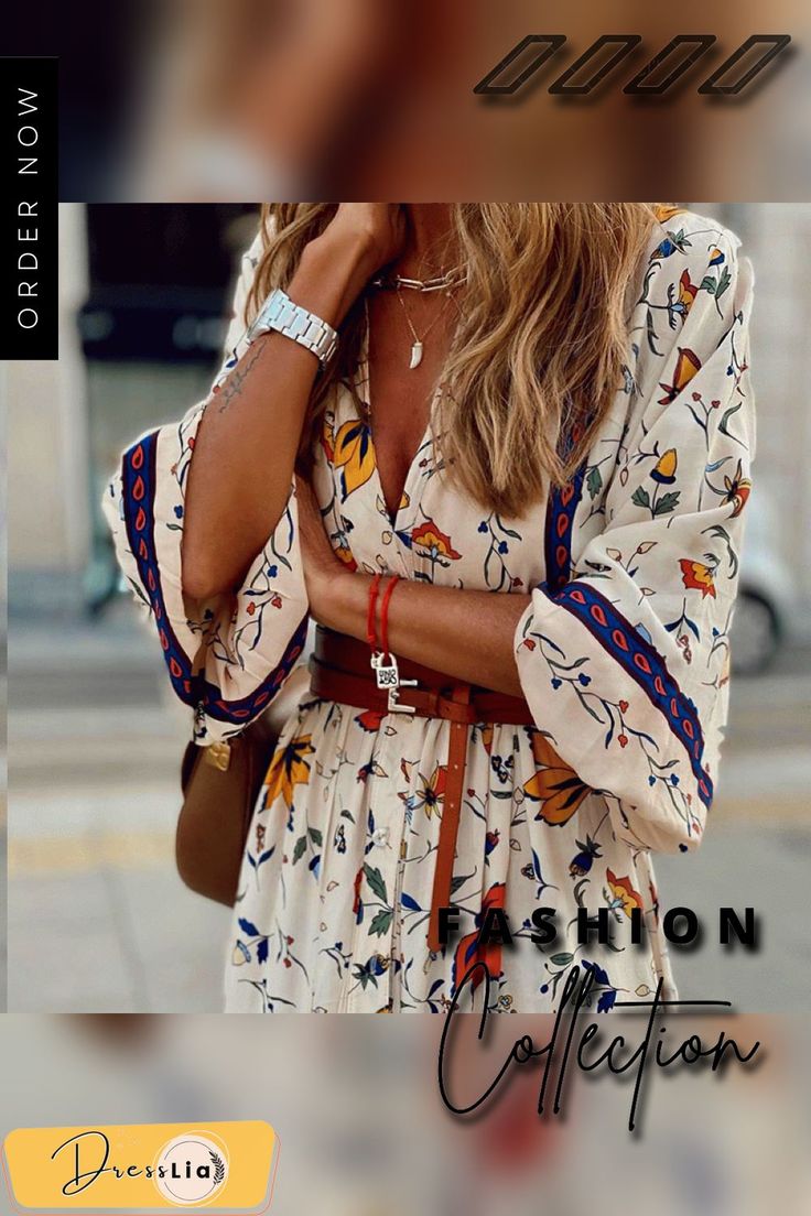 Fashion Printed Bohemian Long Dress Spring Multicolor Maxi Boho Dress, Spring Multicolor Boho Floral Dress, Fall Floral Print Boho Beach Dress, Fall Boho Dress With Floral Print For Beach, Fall Beach Boho Dress With Floral Print, Spring Patterned V-neck Boho Dress, Chic Summer Patterned Maxi Dress, Casual Boho Dress With Boho Print For Spring, Beige Printed Long Sleeve Maxi Dress