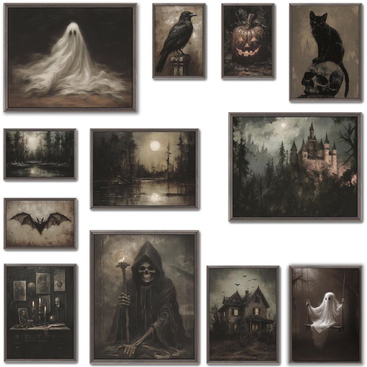 a collection of halloween paintings on a wall