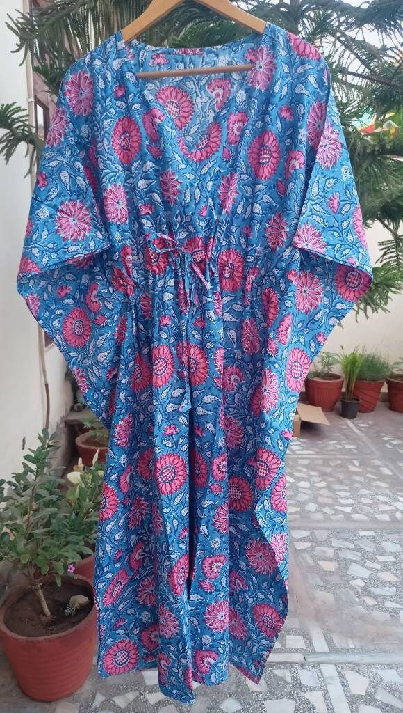 "These Kaftan we make from pure cotton Cambric Handblock print fabric. Handblock print gives it very unique look Size= Length 52\" Free size in chest . ." Blue Floral Print Cotton Kaftan, Blue Cotton Kaftan With Floral Print, Blue Floral Cotton Kaftan, Bohemian Blue Sleepwear For Vacation, Blue Bohemian Sleepwear For Vacation, Traditional Summer Home Dress, Free Size Cotton Kaftan, Multicolor Cotton Tunic Kimono, Long Blue Cotton Kaftan