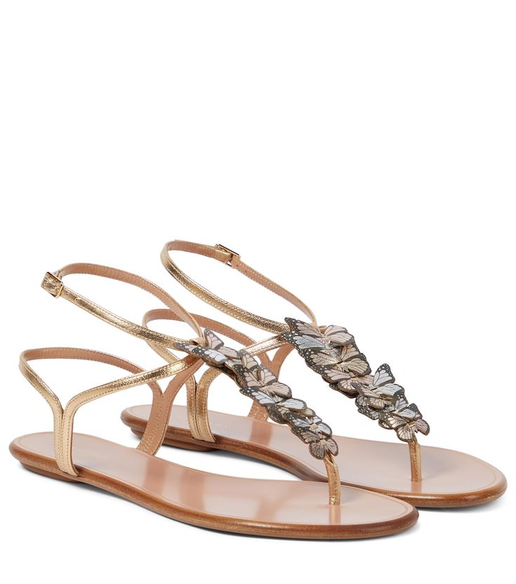 Aquazzura’s Papillon sandals are a joyful style for summer. Made from gold-toned metallic leather, they have buckled ankle straps and toe straps with butterfly appliqués. Luxury Gold T-strap Sandals For Summer, Gold Open Toe Luxury T-strap Sandals, Gold Luxury Open Toe T-strap Sandals, Luxury Gold T-strap Sandals With Open Toe, Luxury Gold T-strap Open Toe Sandals, Luxury Spring T-strap Sandals, Leather Thong Sandals, Designer Pumps, Embellished Sandals