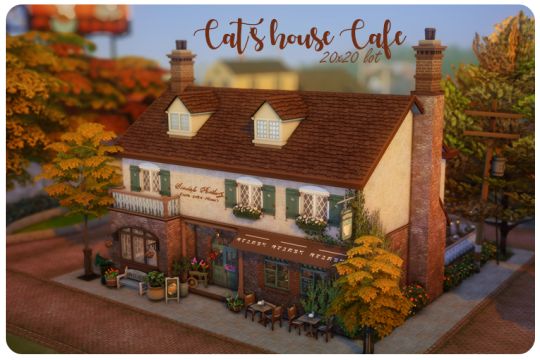 the cat's house cafe is located in an animated scene with autumn trees and foliage