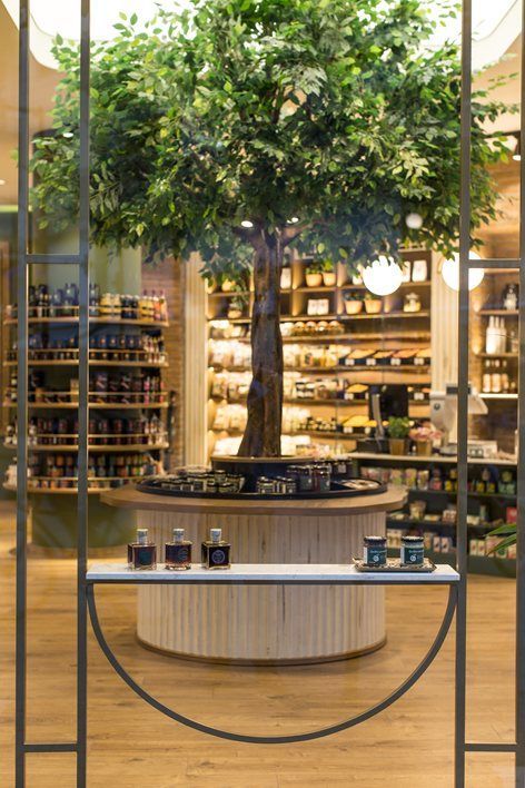 a bonsai tree in the middle of a store's glass display case with candles on it